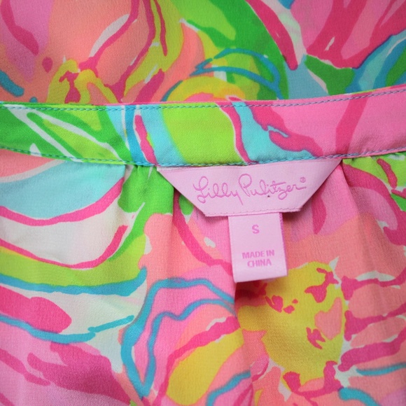Lilly Pulitzer Silk Stacey Popover So A Peeling Monkey Elephant Pink Green Top S - Picture 6 of 7